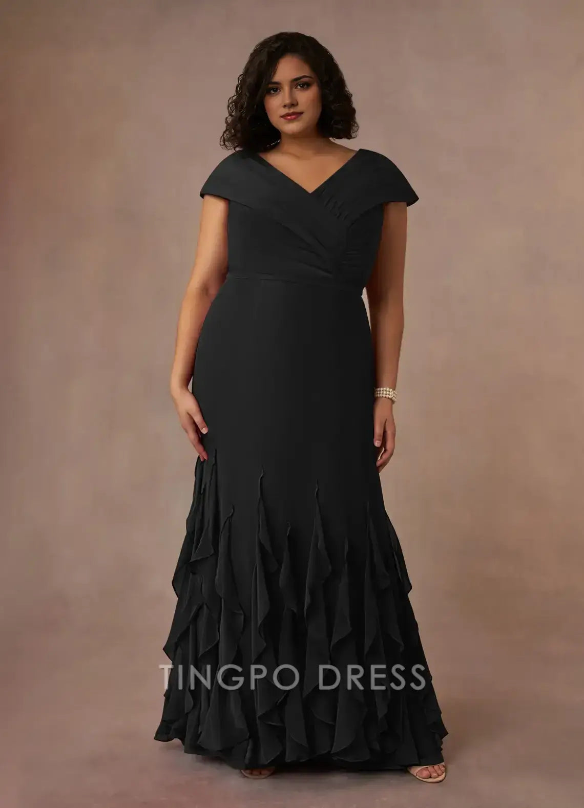 TingPo Wholesale Elegant Plus - Size V - Neck Mermaid Gown with Off - Shoulder Sleeves and Ruffled Hem for Formal Occasions